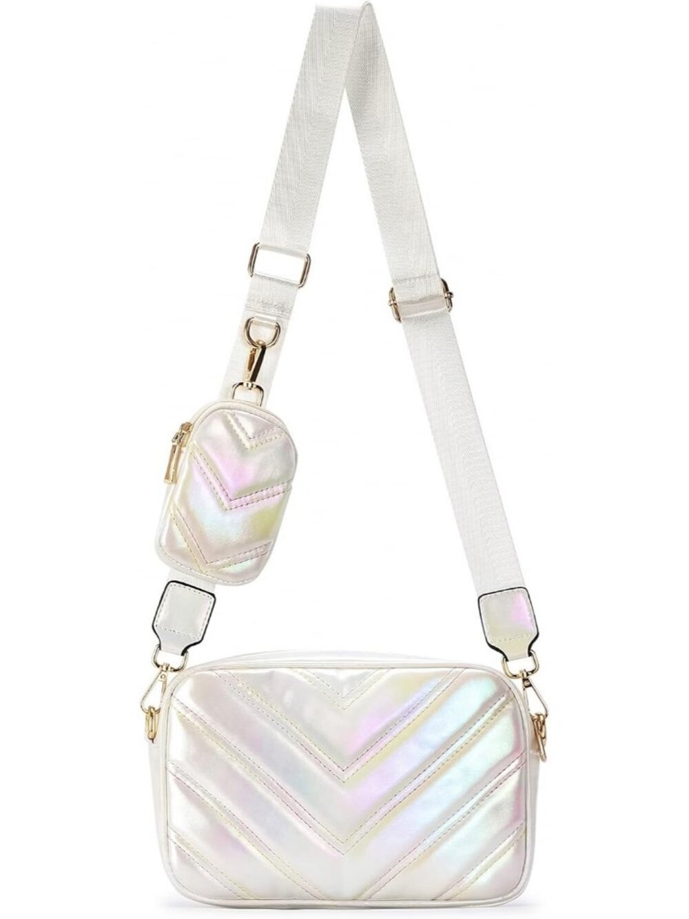Women Colorful White Vegan Leather Quilted Small Coin Pouch Strap Crossbody Bag